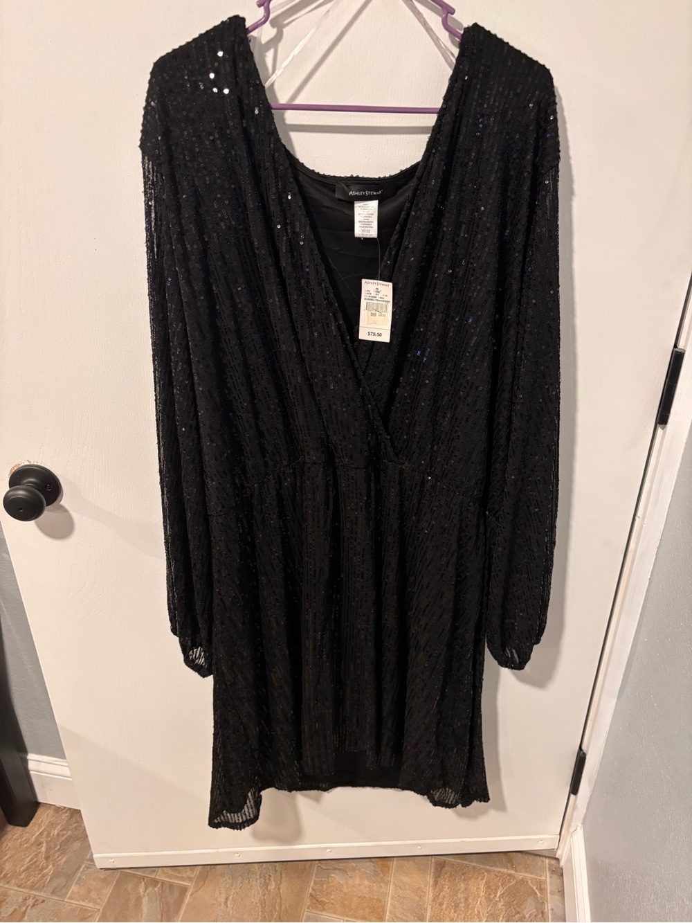 NWT Ashley Stewart 30/32 Black Sequin Long Sleeve V-Neck Dress